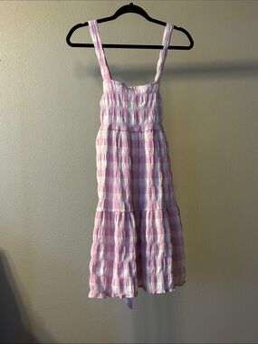 Smocked Light Pink Plaid Midi Sundress with Tiered Skirt